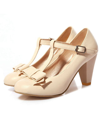 Solide Leder Bogen T-Träger Klobige Absätze