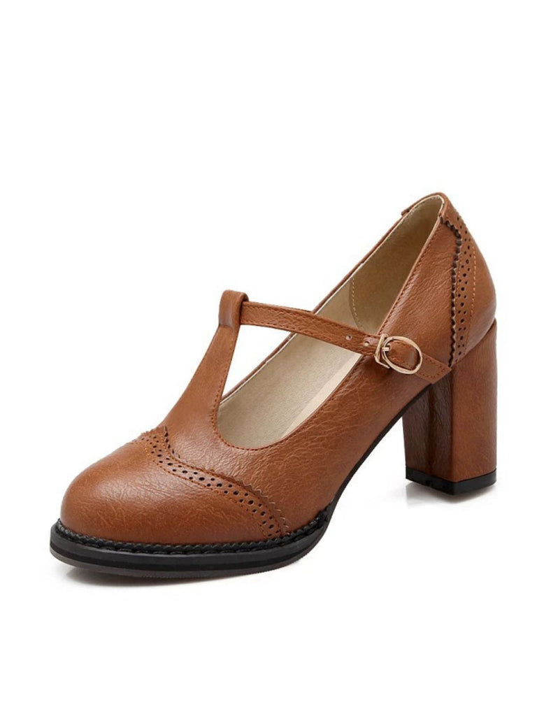 Retro Leder T-Träger Klobigem Absatz Schuhe