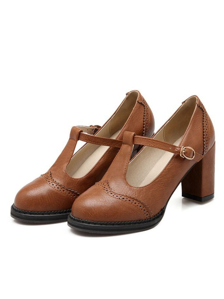 Retro Leder T-Träger Klobigem Absatz Schuhe
