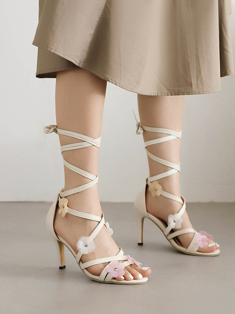Retro 3D-Blumen Stilettos Knöchelriemen Sandalen