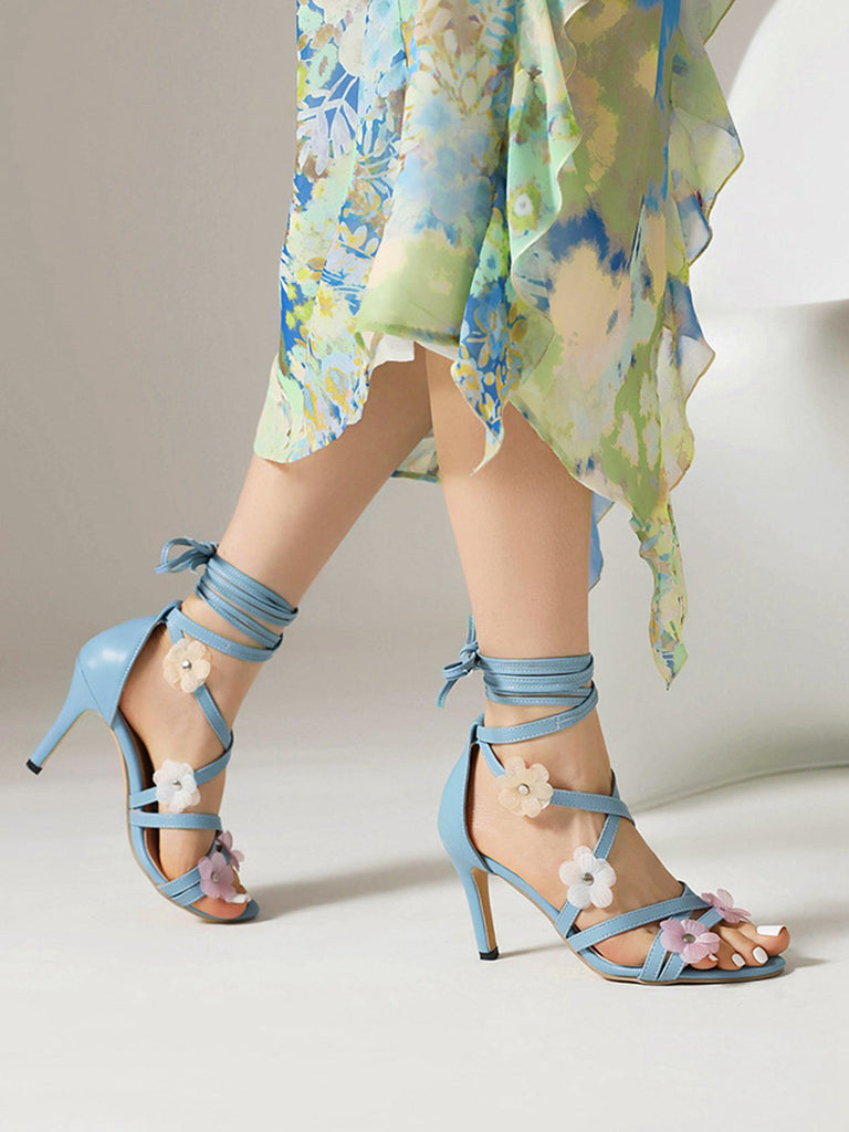 Retro 3D-Blumen Stilettos Knöchelriemen Sandalen