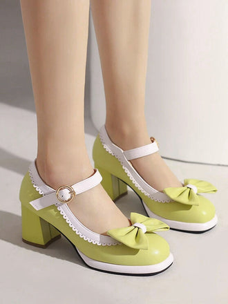 Grün Gelb Vintage Kontrast Bogen Mary Jane Hohe Absätze