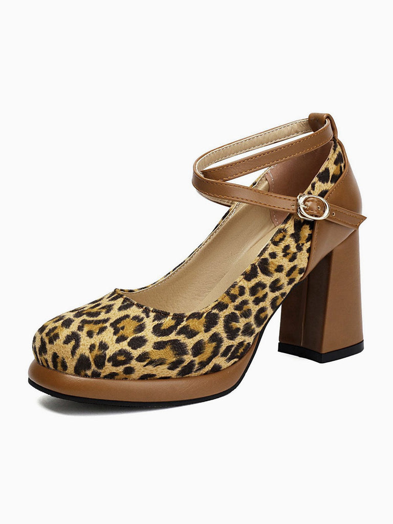 Vintage Leopard Criss-Cross Schnalle Klobige Absätze