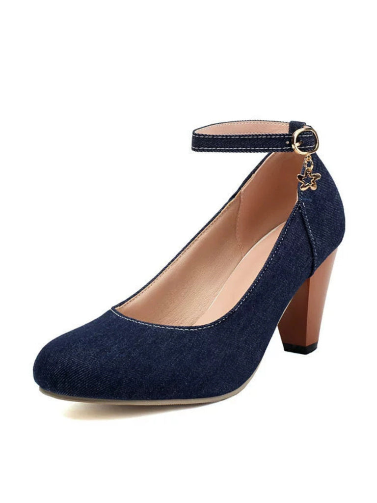 Denim Schnalle Mary Janes Klobige Absätze