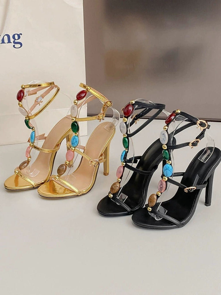Vintage Farbig Steine Stilett Absätze Riemchen Sandalen