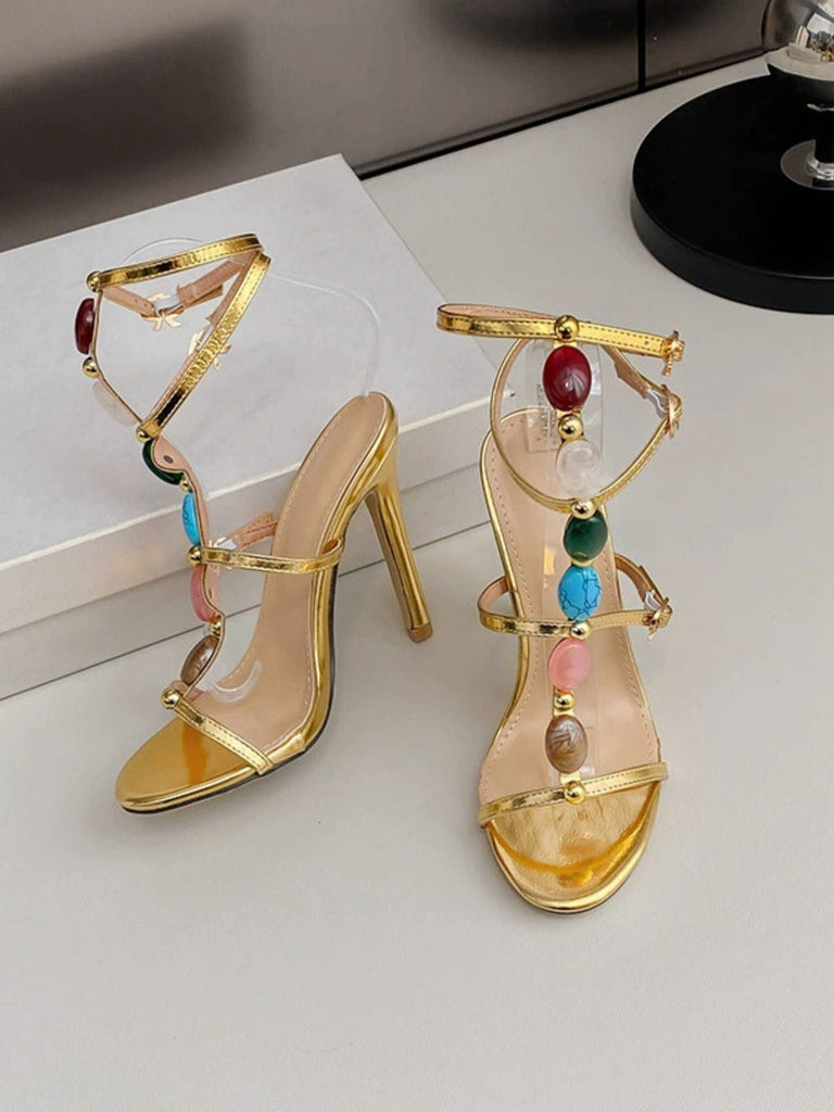 Vintage Farbig Steine Stilett Absätze Riemchen Sandalen