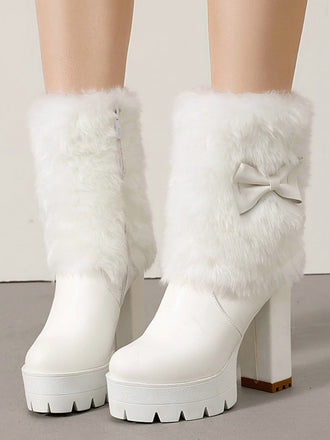 Vintage Bogen Plüsch Klobiger Absatz Stiefel