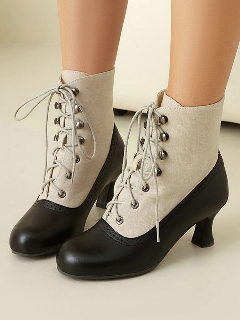 Vintage Farbblock Schnürung Viktorianisch Kurze Stiefel