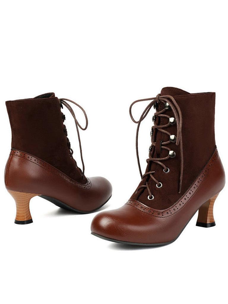 Vintage Farbblock Schnürung Viktorianisch Kurze Stiefel
