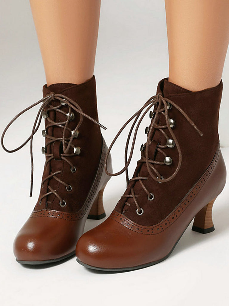 Vintage Farbblock Schnürung Viktorianisch Kurze Stiefel