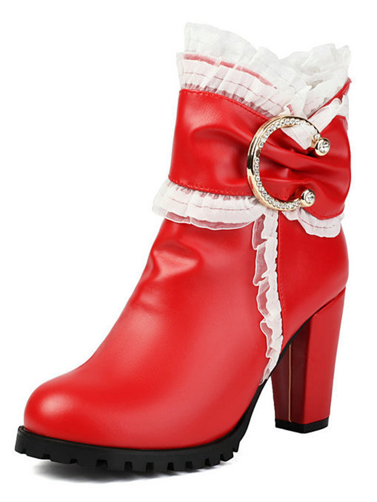 PU Leder Spitze-Getrimmt Chunky Ferse Knöchel Stiefel