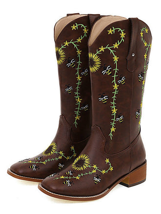Braun Sonnenblume Besticktes Western Cowgirl Wadenstiefel