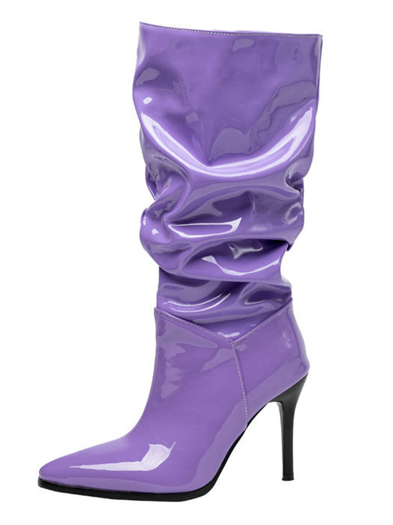 Vintage Solide Lack Leder Wadenhoch Hohe Stiefel