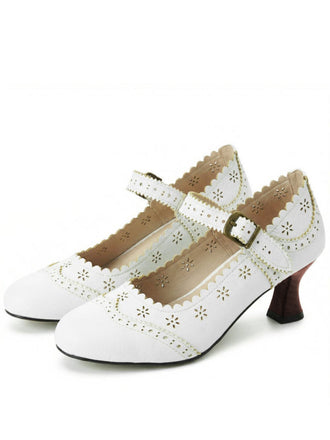 Weiße Vintage Brogue Blumen Ausgeschnitten Blockabsatz Schuhe
