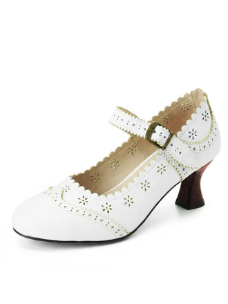 Weiße Vintage Brogue Blumen Ausgeschnitten Blockabsatz Schuhe