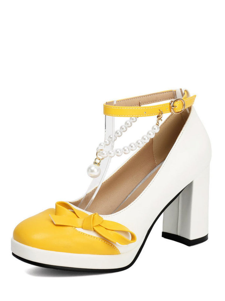 Farbblock-Schuhe mit Perlen und Schleife