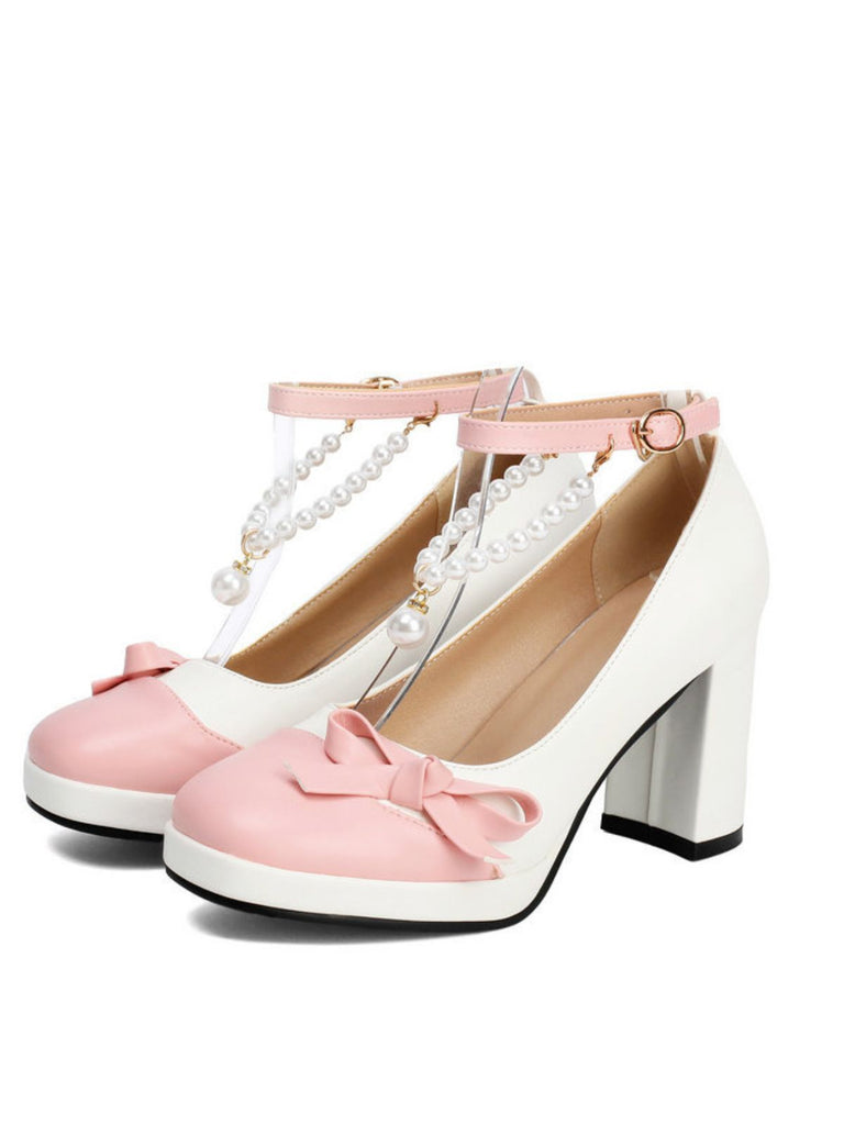 Farbblock-Schuhe mit Perlen und Schleife
