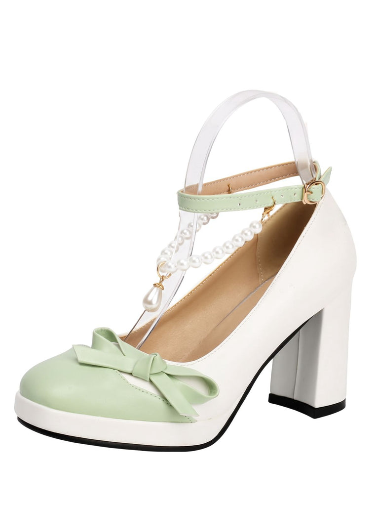Farbblock-Schuhe mit Perlen und Schleife
