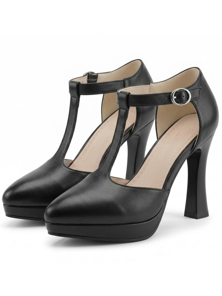 Schwarze T-Strap-Schuhe mit hohem Absatz