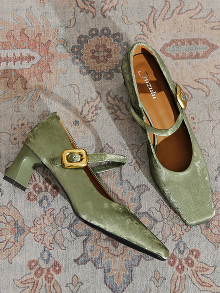Grüne Mary-Jane-Schuhe mit Samt und Schnalle