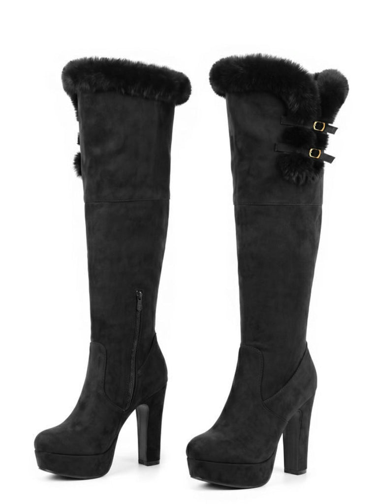 Vintage Overkneestiefel mit Kunstfellbesatz, Schnalle und Blockabsatz