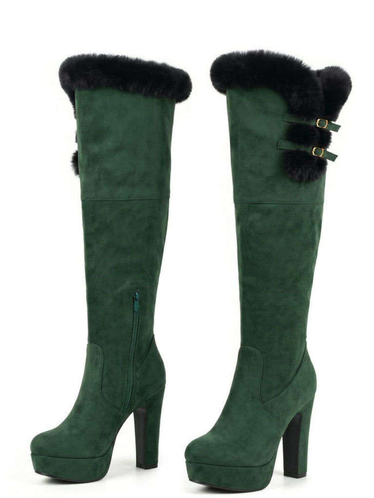 Vintage Overkneestiefel mit Kunstfellbesatz, Schnalle und Blockabsatz