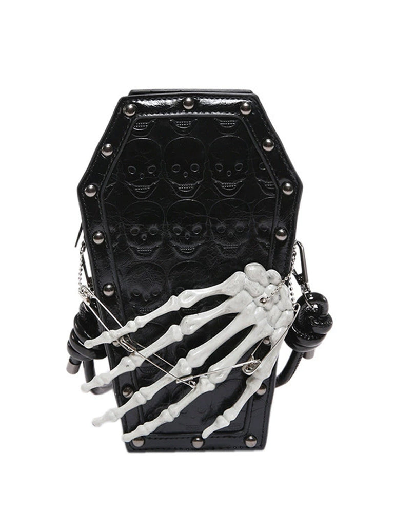 Gothic Sarg-Umhängetasche mit Skelett-Hand und Kreuz
