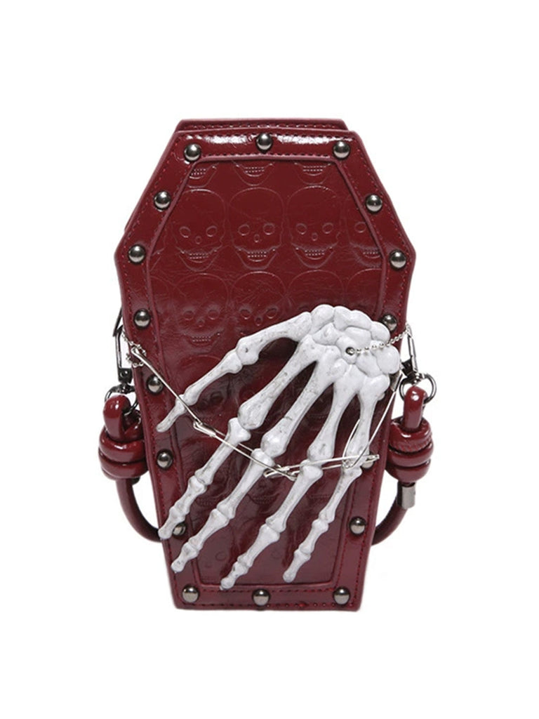 Gothic Sarg-Umhängetasche mit Skelett-Hand und Kreuz