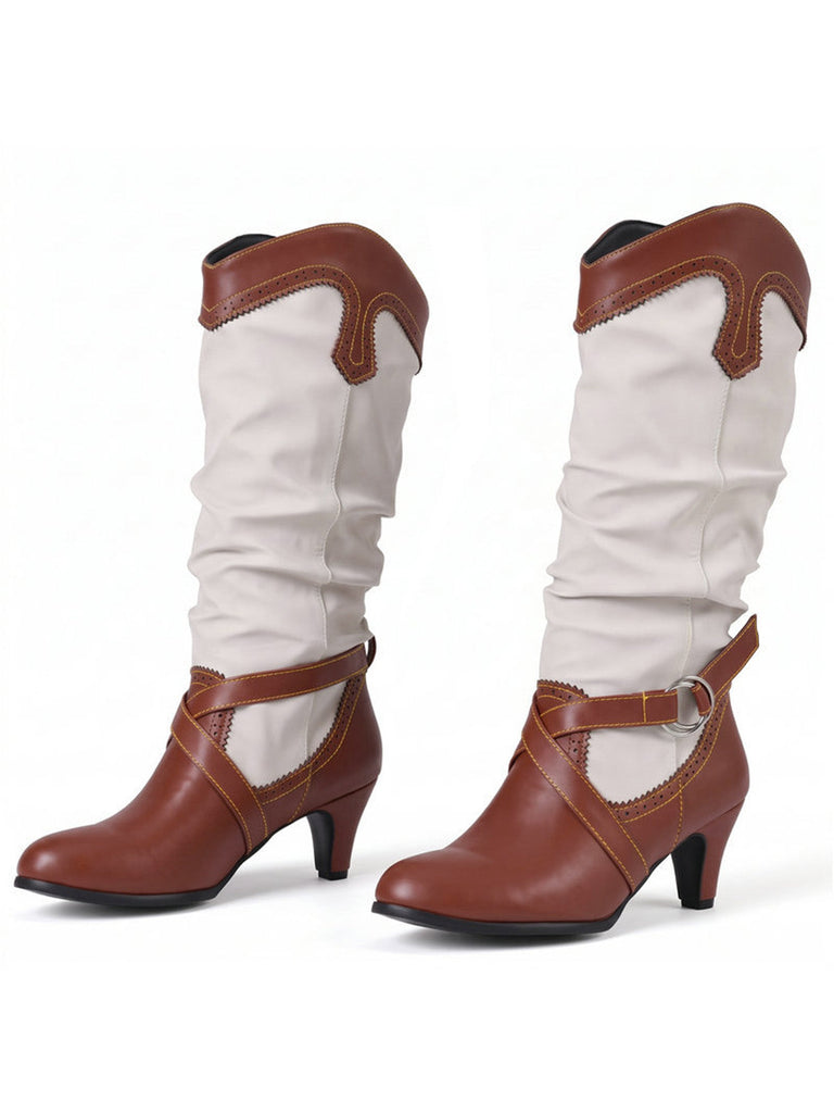 Vintage Western-Boots mit Blockabsatz und zweifarbigem Design