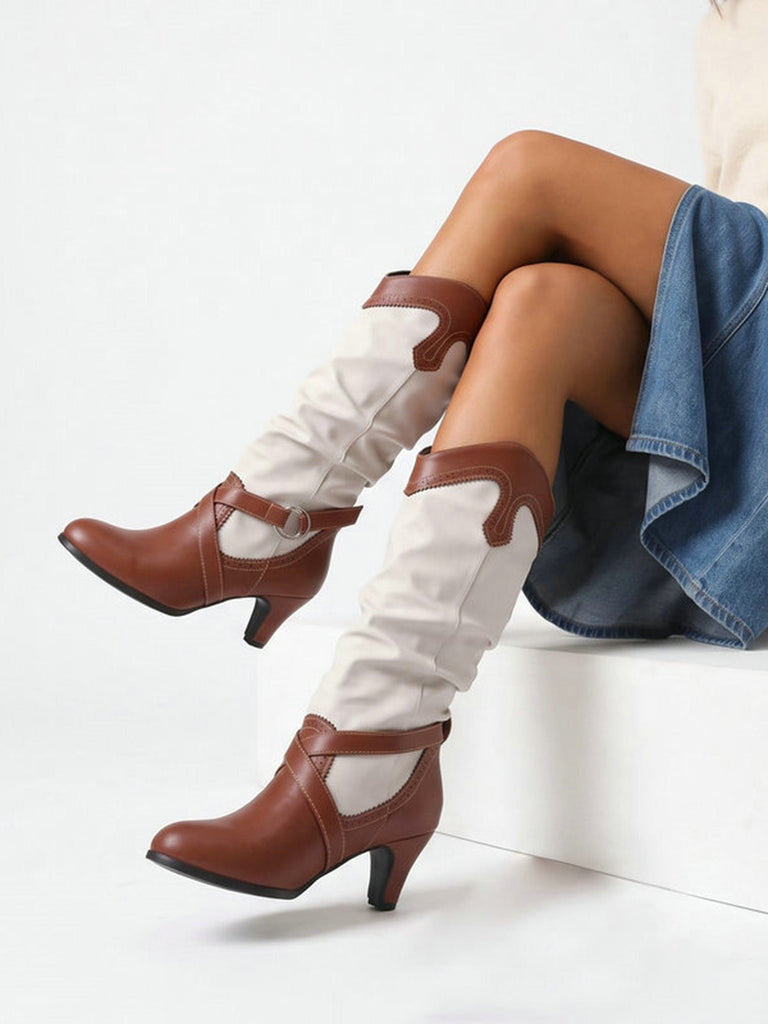 Vintage Western-Boots mit Blockabsatz und zweifarbigem Design