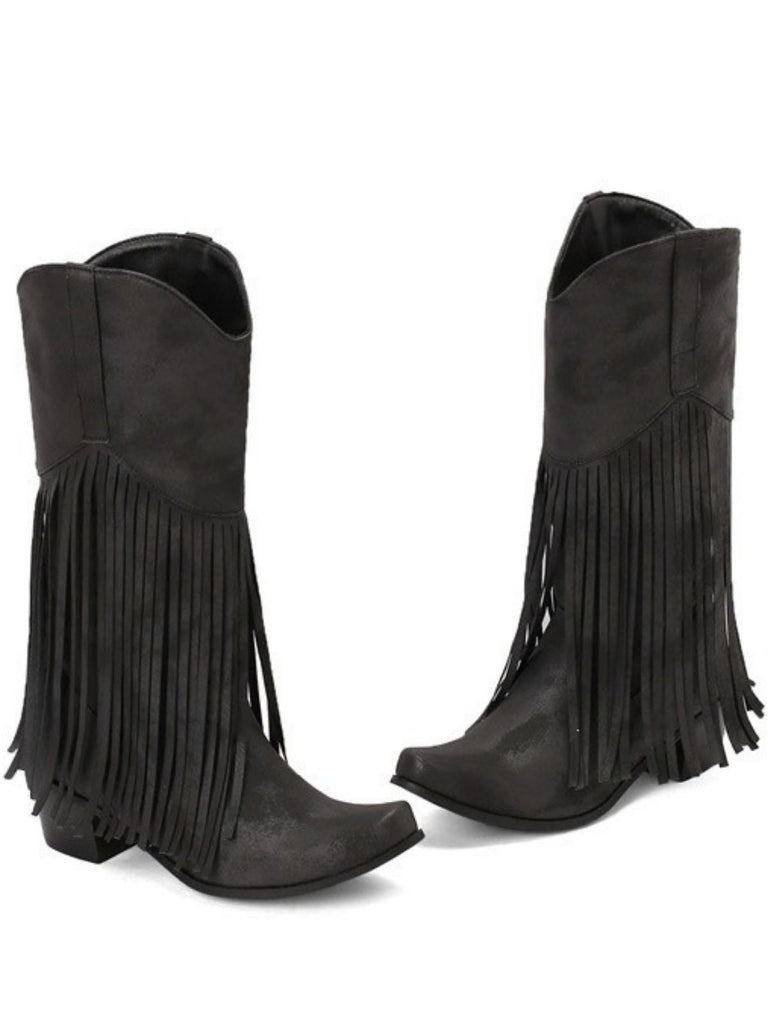 Schwarze Boho-Westernstiefel mit Fransen und Blockabsatz