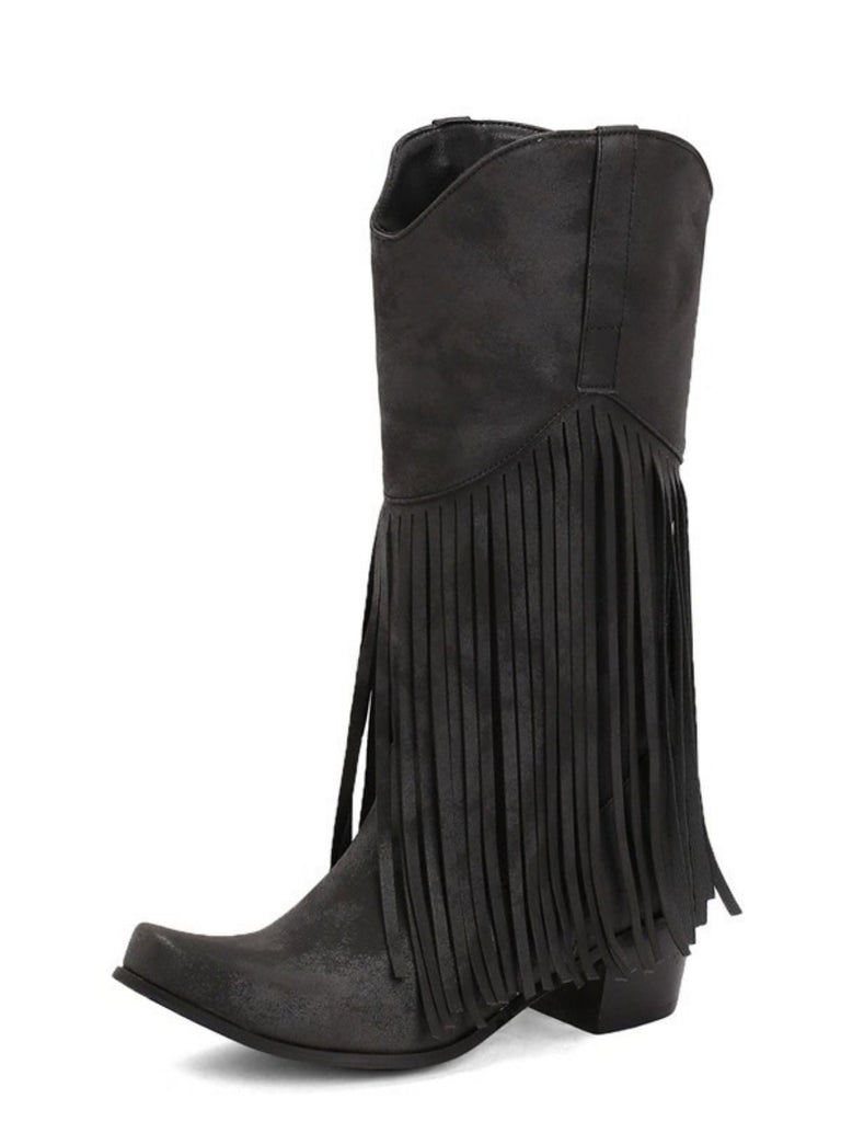 Schwarze Boho-Westernstiefel mit Fransen und Blockabsatz