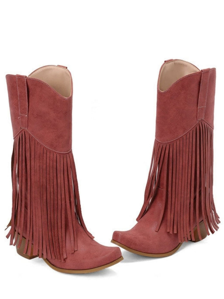 Schwarze Boho-Westernstiefel mit Fransen und Blockabsatz