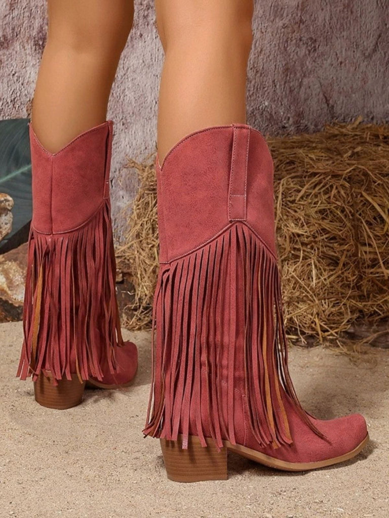 Schwarze Boho-Westernstiefel mit Fransen und Blockabsatz