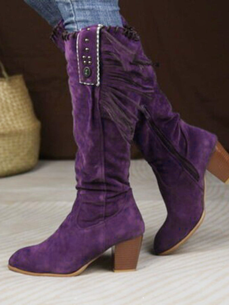Wildleder-Stiefel mit Fransen, Nieten und Blockabsatz