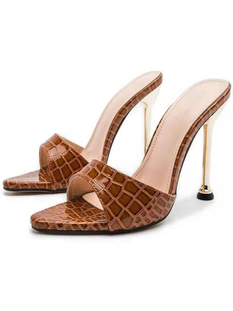 Braune Kroko-Stiletto-Mules