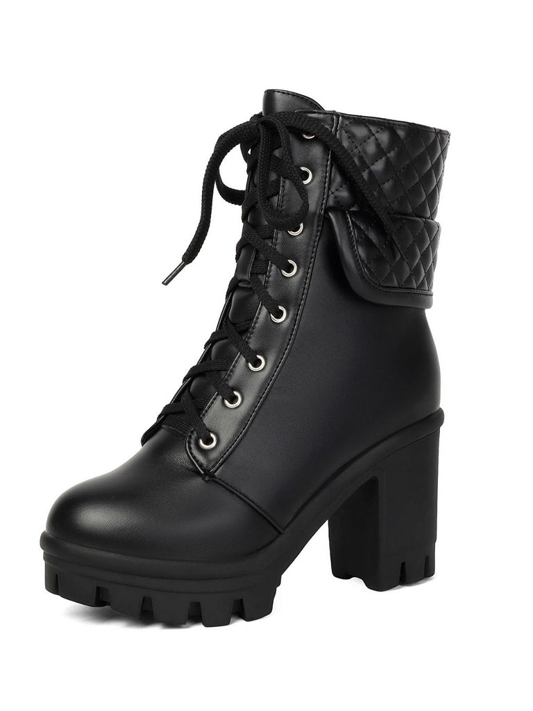 Leder-Combat-Boots mit Schnürung und Blockabsatz