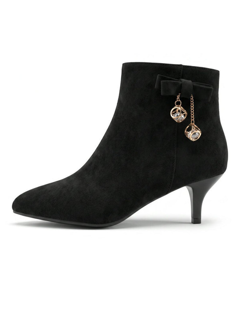Schwarze Velours-Ankle-Boots mit Schleife und Kegelabsatz