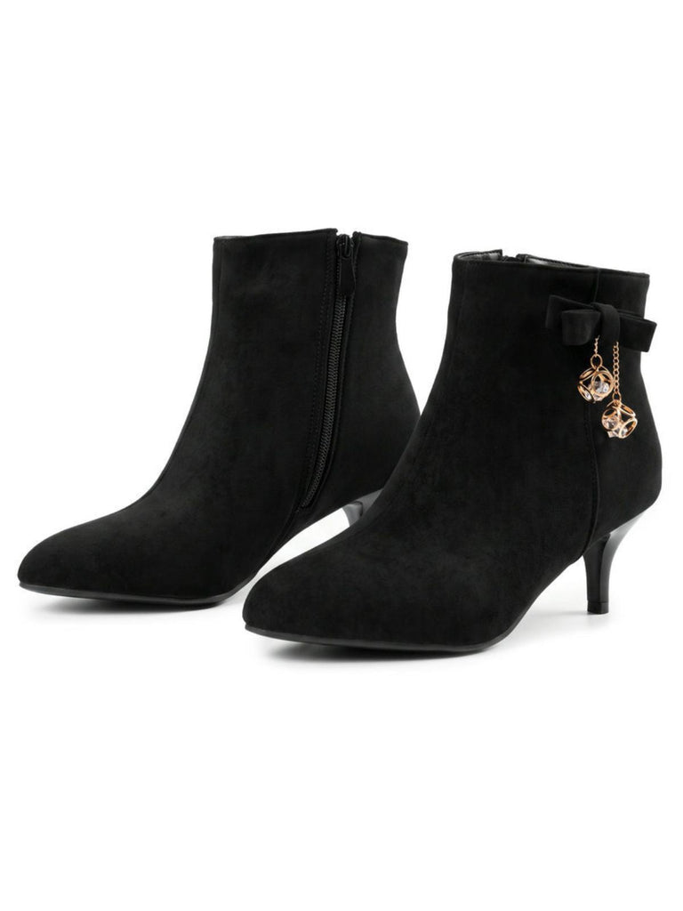 Schwarze Velours-Ankle-Boots mit Schleife und Kegelabsatz
