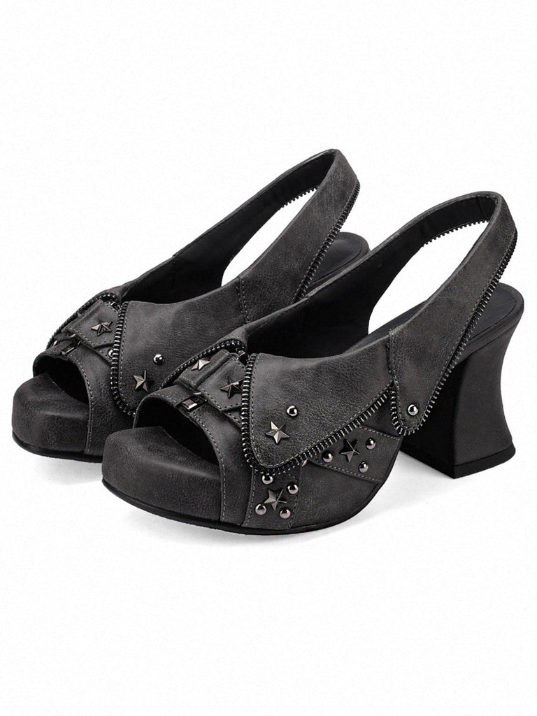 Plateau-Slingback-Sandalen aus Batik-Denim mit Sternnieten