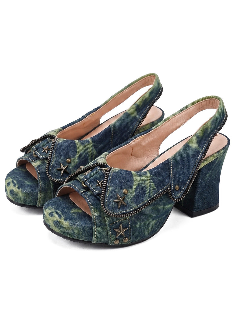 Plateau-Slingback-Sandalen aus Batik-Denim mit Sternnieten