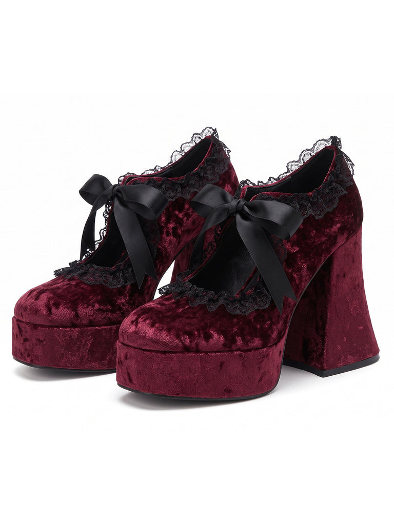 Samt-Mary-Jane-Pumps mit Schleife und Plateau