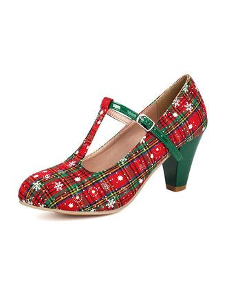 Weihnachts-Mary-Jane-Pumps mit T-Steg, Karos und Schneeflocken