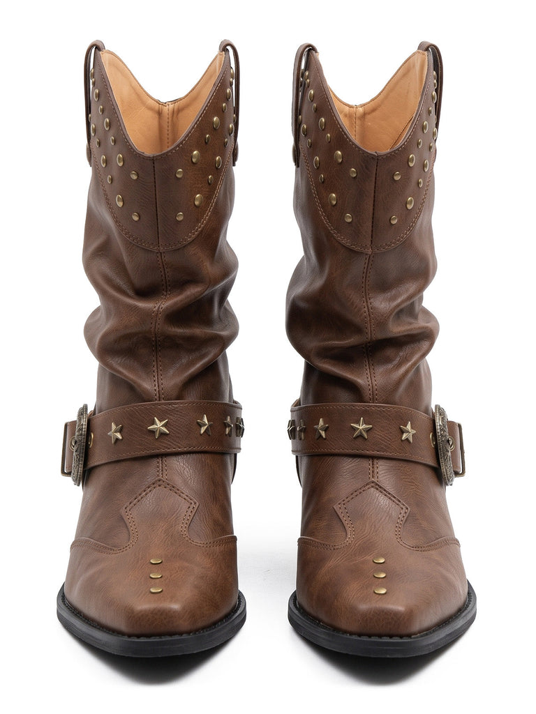 Spitze Vintage-Westernstiefeletten mit Nieten und Schnalle