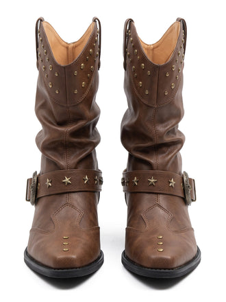 Spitze Vintage-Westernstiefeletten mit Nieten und Schnalle