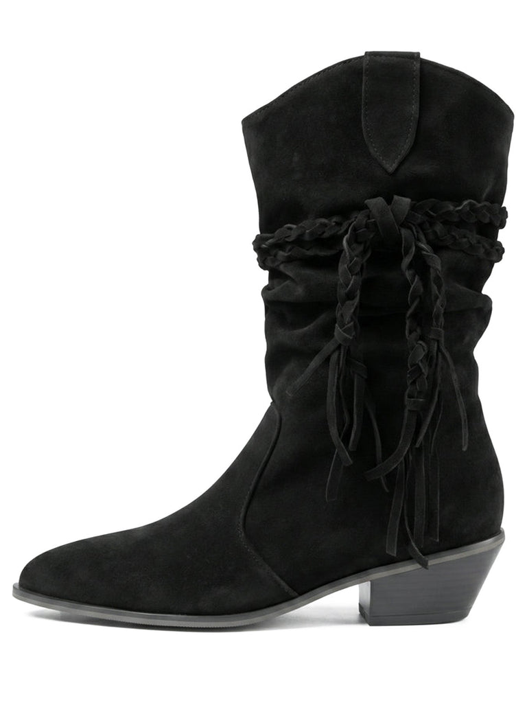 Schwarze wadenhohe Vintage-Westernstiefel aus Velours mit Flechtriemen