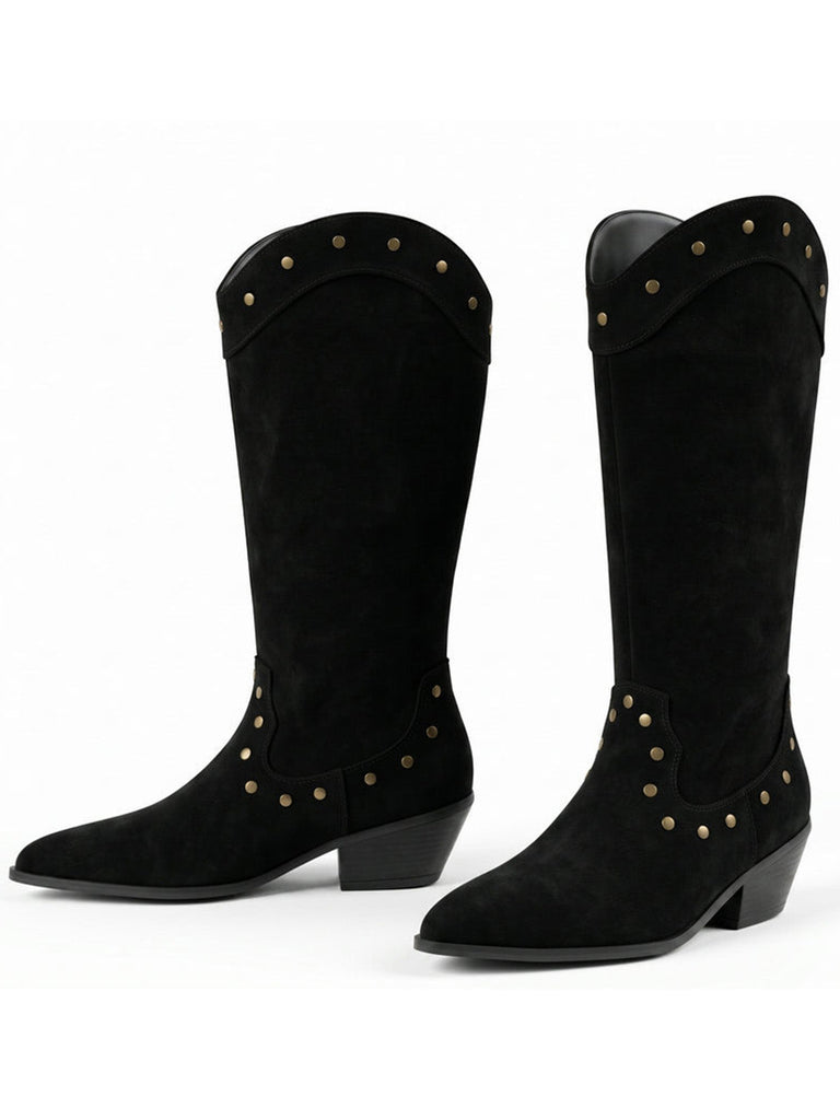 Schwarze beflockte Westernstiefel mit Nieten und spitzer Kappe