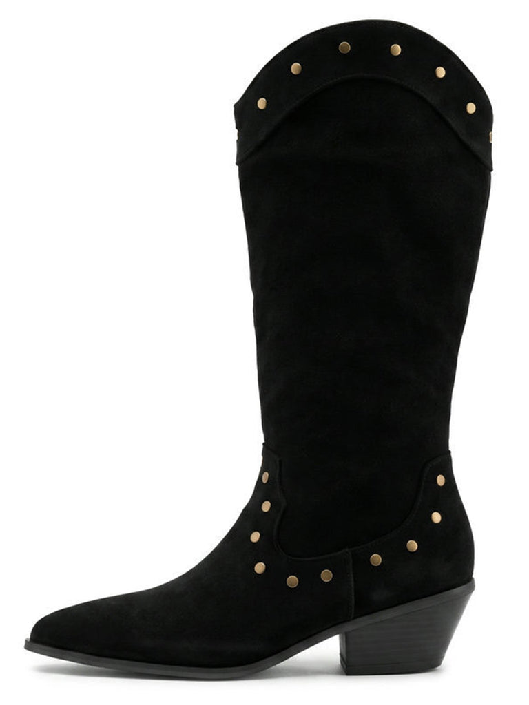 Schwarze beflockte Westernstiefel mit Nieten und spitzer Kappe