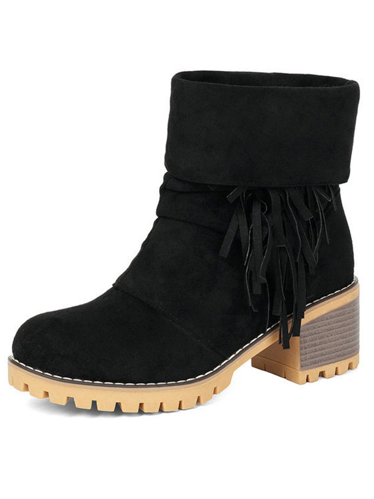 Vintage-Umschlagstiefel in Veloursoptik mit Fransen und Blockabsatz