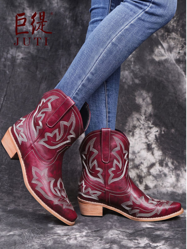 Vintage-Western-Stiefeletten mit Stickerei und spitzer Kappe